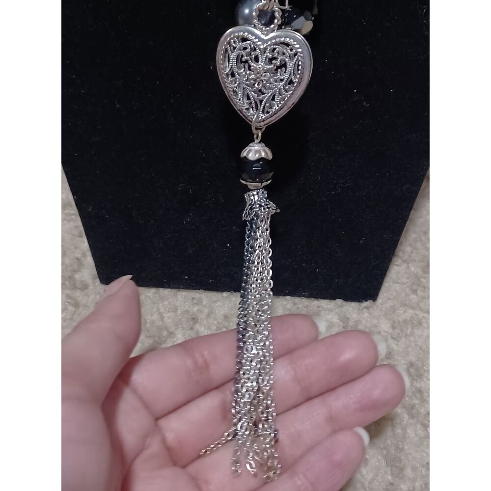 Silver-Tone Necklace w/ Tasseled Filigree Heart Pendant & Beaded Accents, 24" - Picture 3 of 5